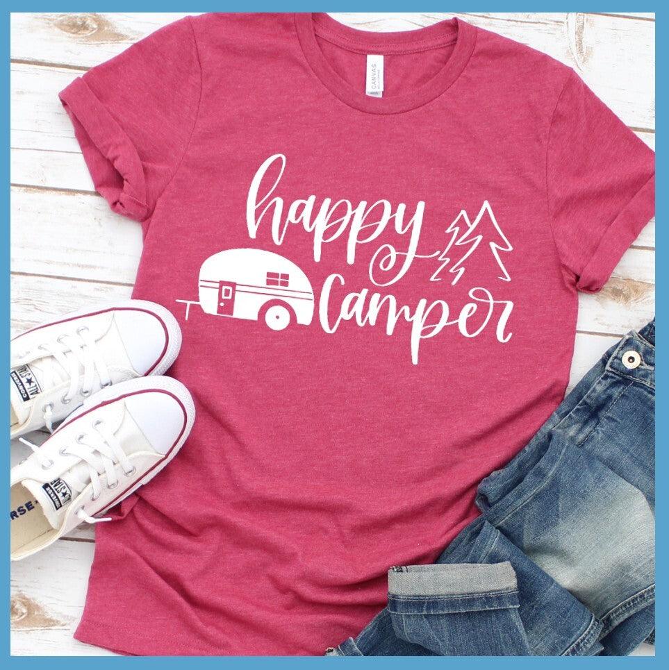 Happy Camper T-Shirt Heather Raspberry - Fun Happy Camper T-Shirt with playful camper and trees design, perfect for outdoor enthusiasts.
