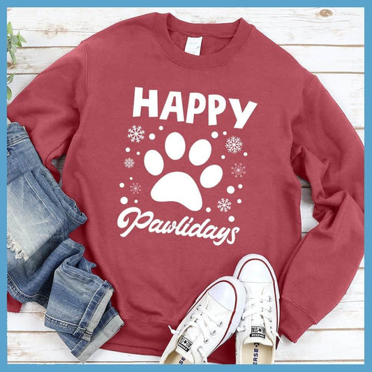 Happy Pawlidays Sweatshirt Crimson - Happy Pawlidays festive sweatshirt with paw print and snowflakes design