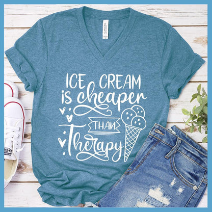 Ice Cream Is Cheaper Than Therapy V-neck Heather Deep Teal - Fashionable V-neck t-shirt with 'Ice Cream Is Cheaper Than Therapy' design.