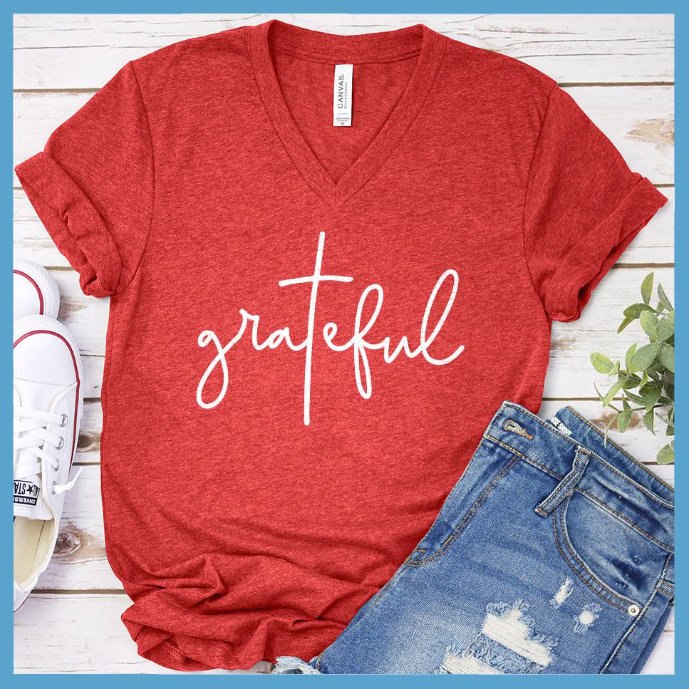 Grateful V-neck Heather Red - Comfy V-neck tee with 'grateful' script design for effortless everyday style.