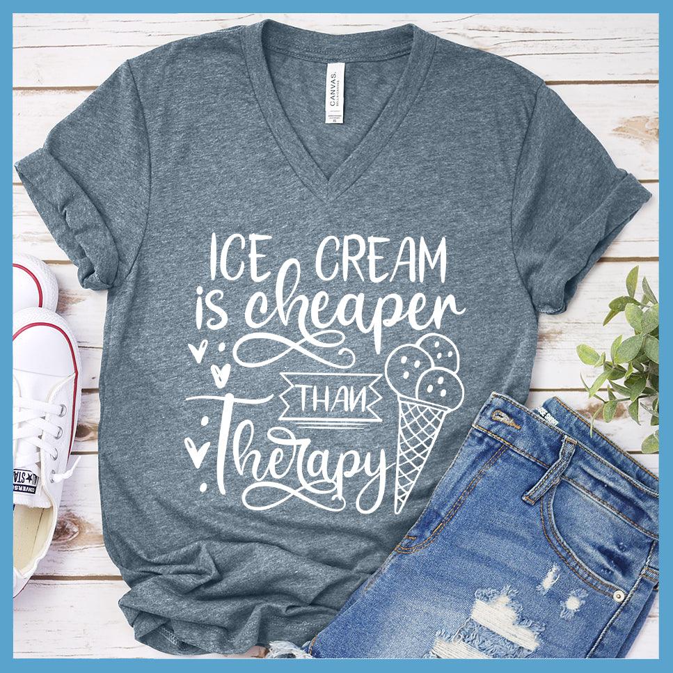 Ice Cream Is Cheaper Than Therapy V-neck Heather Slate - Fashionable V-neck t-shirt with 'Ice Cream Is Cheaper Than Therapy' design.