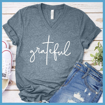 Grateful V-neck Heather Slate - Comfy V-neck tee with 'grateful' script design for effortless everyday style.