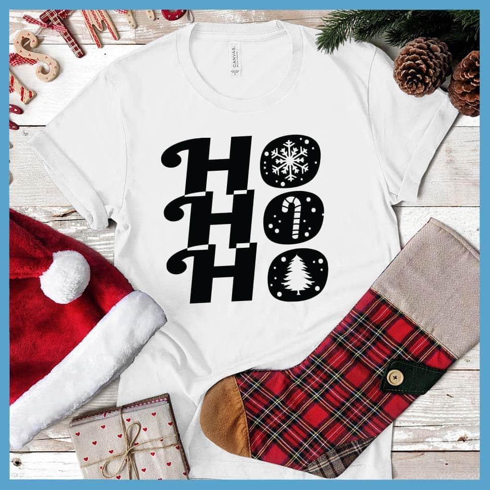 Ho Ho Ho T-Shirt White - Festive 'Ho Ho Ho' holiday t-shirt with cheerful seasonal graphics