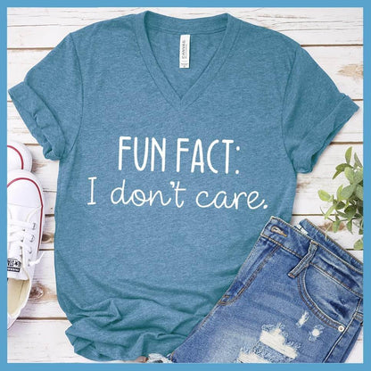 I Don't Care V-Neck Heather Deep Teal - "I Don't Care" printed statement on casual V-neck tee-shirt with fun, bold lettering.