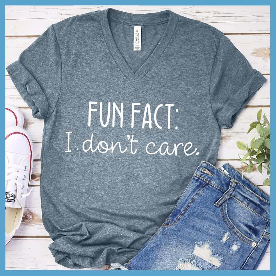 I Don't Care V-Neck Heather Slate - "I Don't Care" printed statement on casual V-neck tee-shirt with fun, bold lettering.