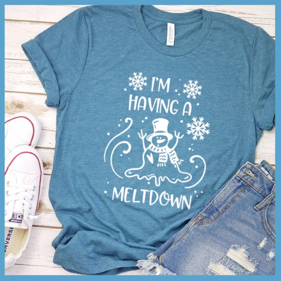 I'm Having A Meltdown T-Shirt Heather Deep Teal - Ice-cool snowman graphic tee with whimsical meltdown design for a casual, playful vibe.