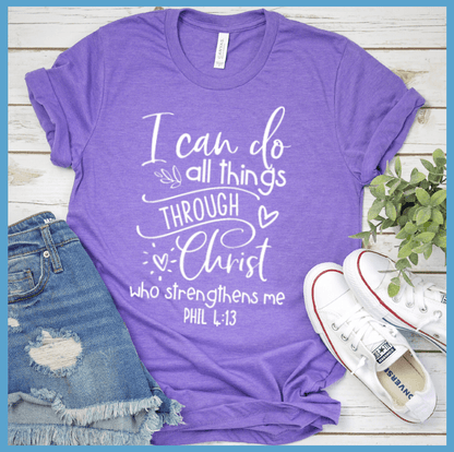 I Can Do All Things T-Shirt Heather Purple - Inspirational "I Can Do All Things" quote t-shirt laid flat with casual shoes and jeans.