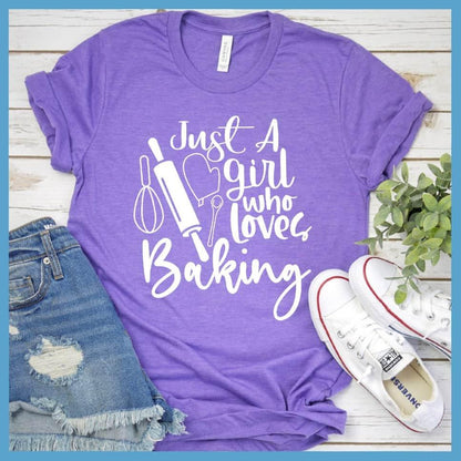 Just A Girl Who Loves Baking T-Shirt Heather Purple - Whimsical graphic t-shirt featuring baking-inspired design for culinary enthusiasts