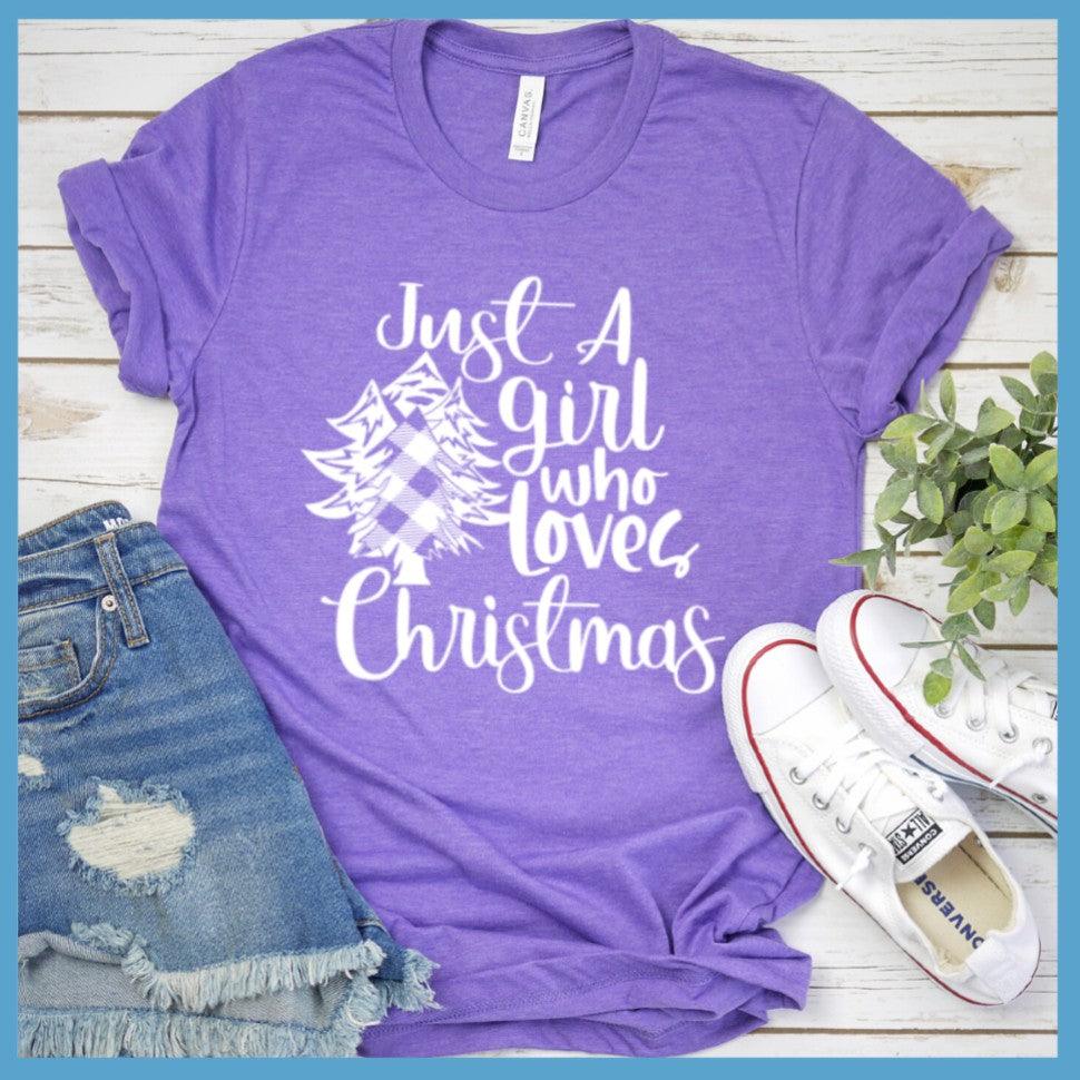 Just A Girl Who Loves Christmas T-Shirt Heather Purple - Festive women's holiday shirt with 'Just A Girl Who Loves Christmas' design