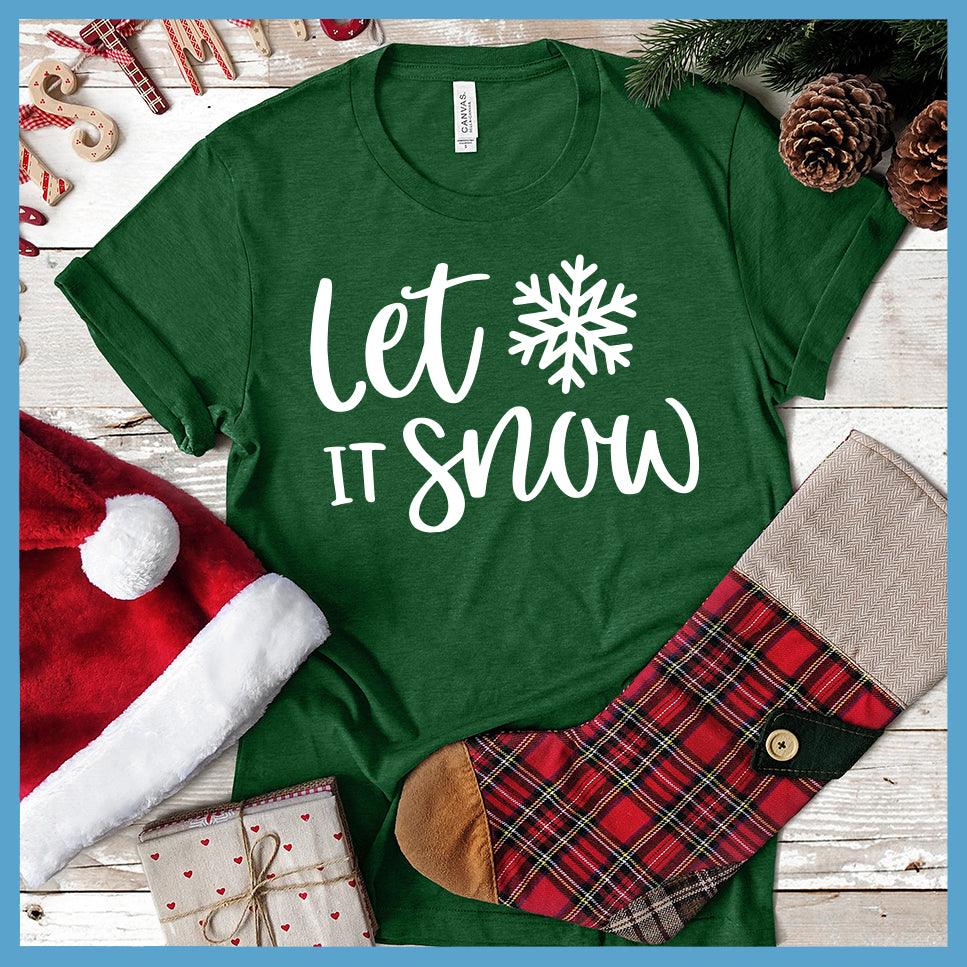 Let It Snow T-Shirt Heather Grass Green - Cotton t-shirt with 'Let It Snow' festive script and snowflake design, perfect for winter fashion
