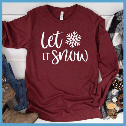 Let It Snow Long Sleeves Heather Cardinal - Whimsical snowflake design on cozy long sleeve tee for winter wear
