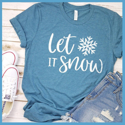 Let It Snow T-Shirt Heather Deep Teal - Cotton t-shirt with 'Let It Snow' festive script and snowflake design, perfect for winter fashion