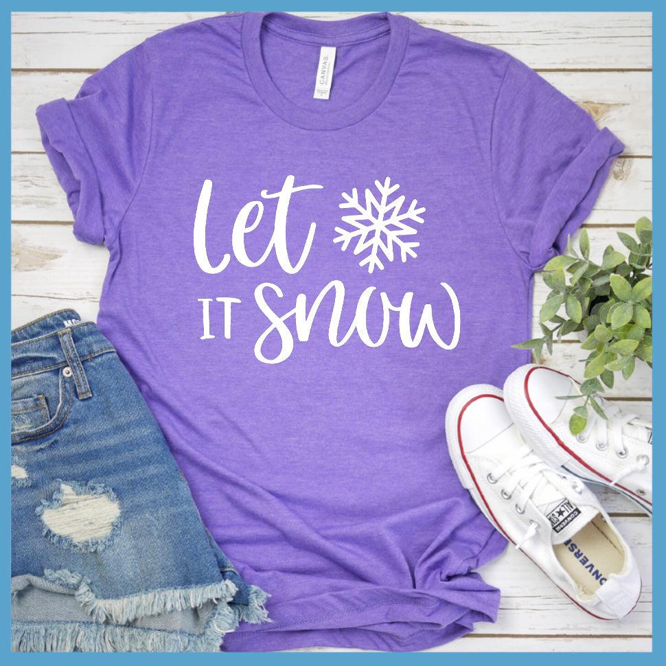 Let It Snow T-Shirt Heather Purple - Cotton t-shirt with 'Let It Snow' festive script and snowflake design, perfect for winter fashion
