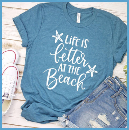 Life Is Better At the Beach T-Shirt Heather Deep Teal - Graphic Life Is Better At The Beach T-Shirt with Starfish Design