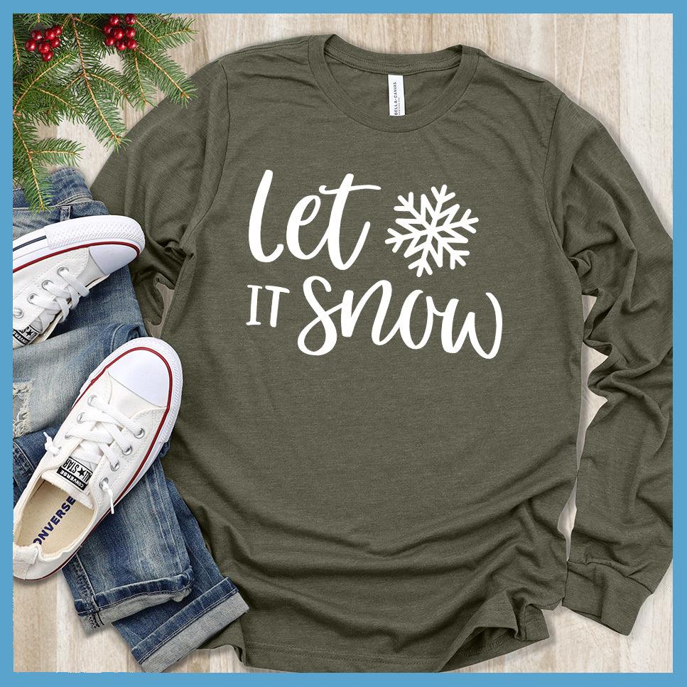 Let It Snow Long Sleeves Military Green - Whimsical snowflake design on cozy long sleeve tee for winter wear