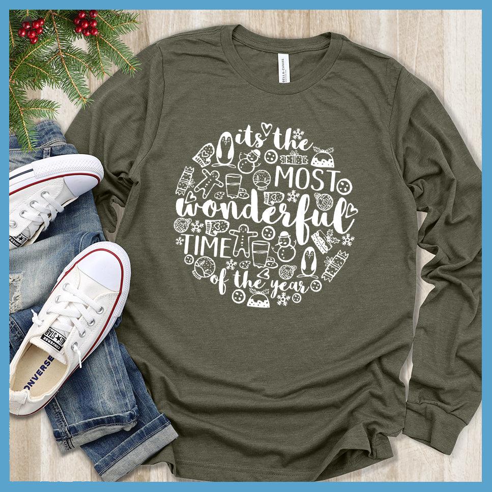 Most Wonderful Time Of The Year Long Sleeves Military Green - Festive holiday-themed long sleeve tee with cheerful graphics celebrating the season.