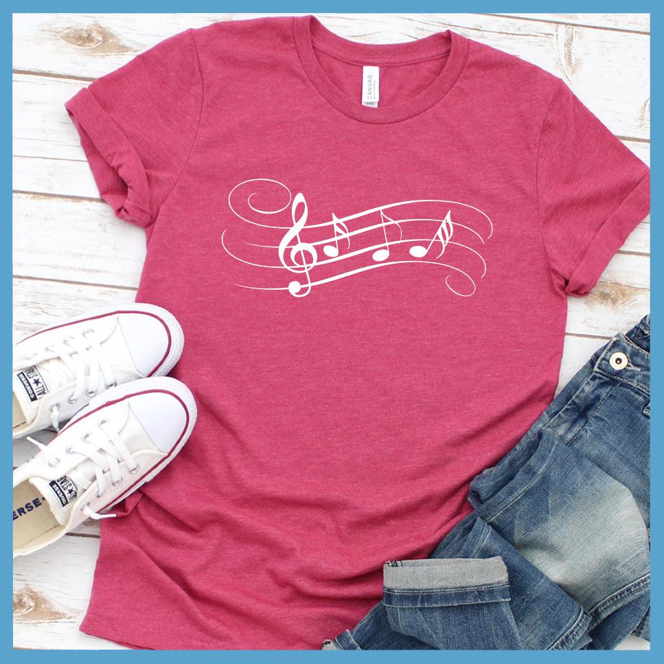 Musical Notes T-Shirt Heather Raspberry - Stylish Musical Notes T-Shirt with a creative music-themed design for fashion-forward individuals.