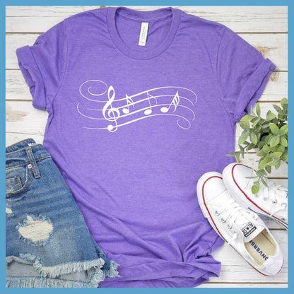 Musical Notes T-Shirt Heather Purple - Stylish Musical Notes T-Shirt with a creative music-themed design for fashion-forward individuals.
