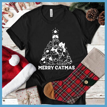 Merry Catmas T-Shirt Black - Graphic tee with cute cats in Christmas tree formation and 'Merry Catmas' text