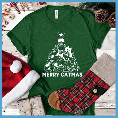 Merry Catmas T-Shirt Heather Grass Green - Graphic tee with cute cats in Christmas tree formation and 'Merry Catmas' text
