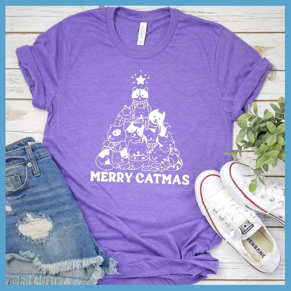 Merry Catmas T-Shirt Heather Purple - Graphic tee with cute cats in Christmas tree formation and 'Merry Catmas' text