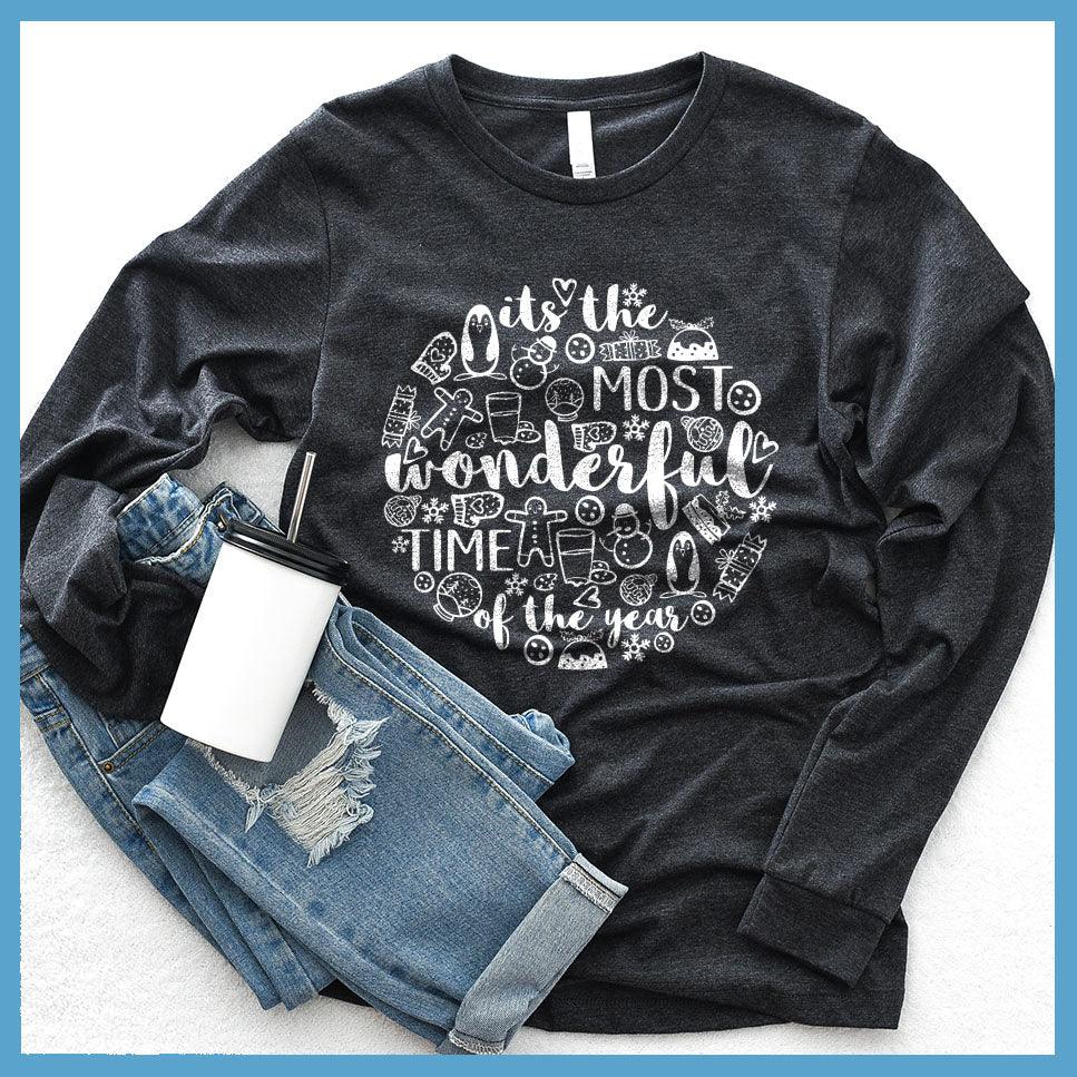 Most Wonderful Time Of The Year Long Sleeves Dark Grey Heather - Festive holiday-themed long sleeve tee with cheerful graphics celebrating the season.