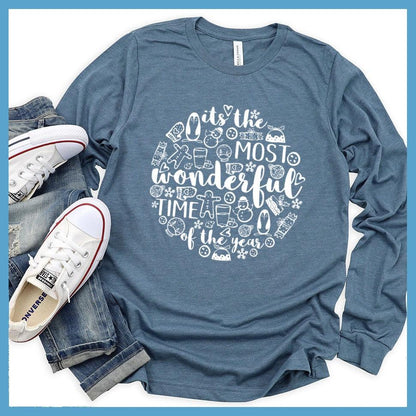 Most Wonderful Time Of The Year Long Sleeves Heather Slate - Festive holiday-themed long sleeve tee with cheerful graphics celebrating the season.