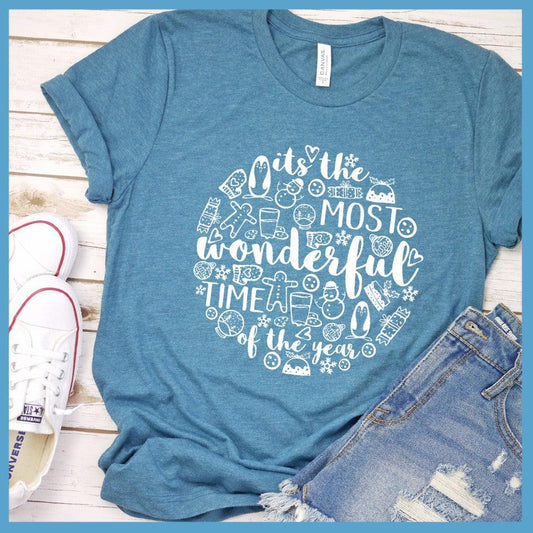 Most Wonderful Time Of The Year T-Shirt Heather Deep Teal - Festive holiday-themed graphic t-shirt with seasonal joy symbols