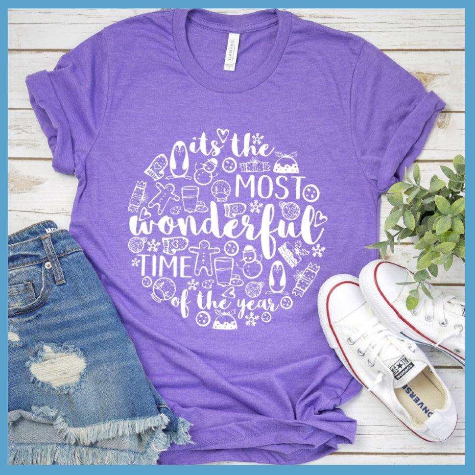 Most Wonderful Time Of The Year T-Shirt Heather Purple - Festive holiday-themed graphic t-shirt with seasonal joy symbols