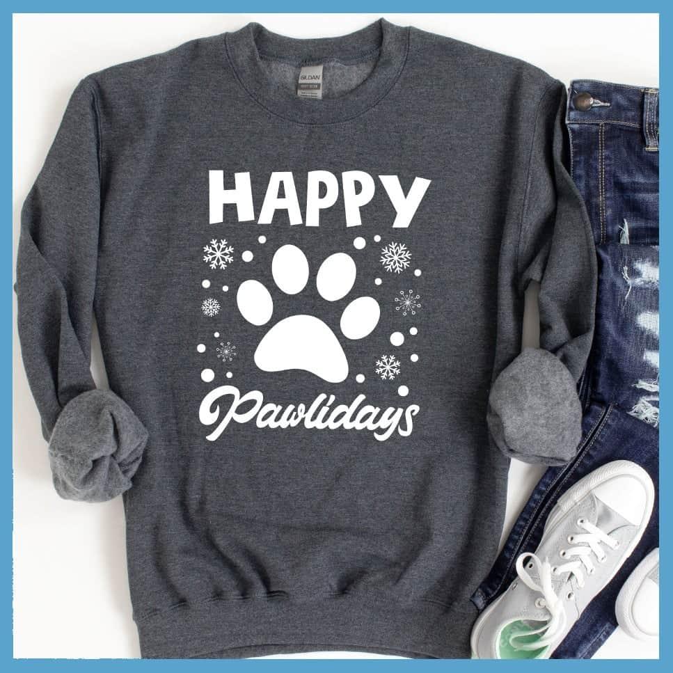 Happy Pawlidays Sweatshirt Nickel - Happy Pawlidays festive sweatshirt with paw print and snowflakes design