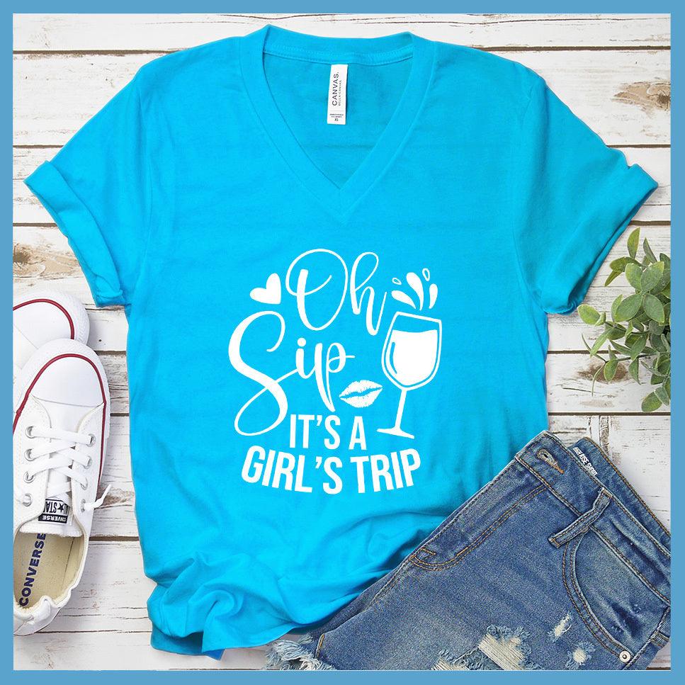 Oh Sip It's A Girl's Trip V-Neck Neon Blue - Oh Sip It's A Girl's Trip v-neck tee with whimsical design and wine glass graphic