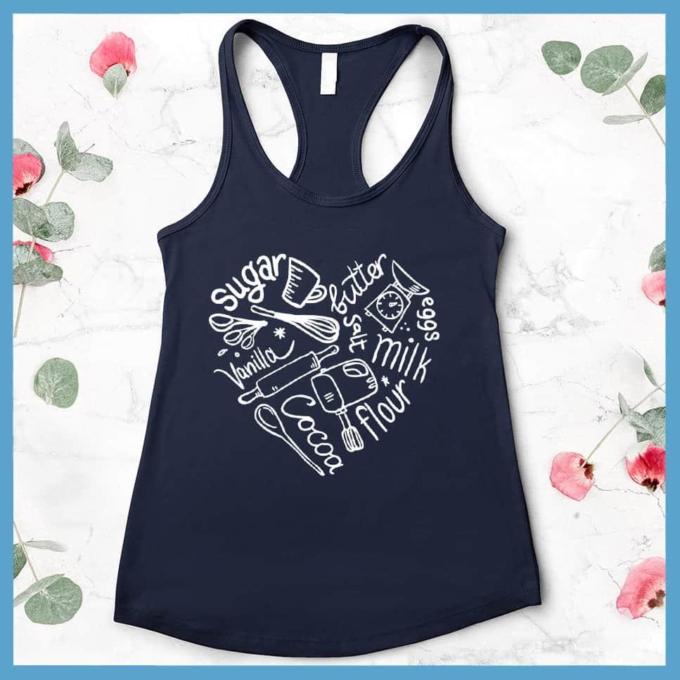 Bakery Heart Tank Top Navy - Whimsical baking-inspired heart graphic on a casual tank top.