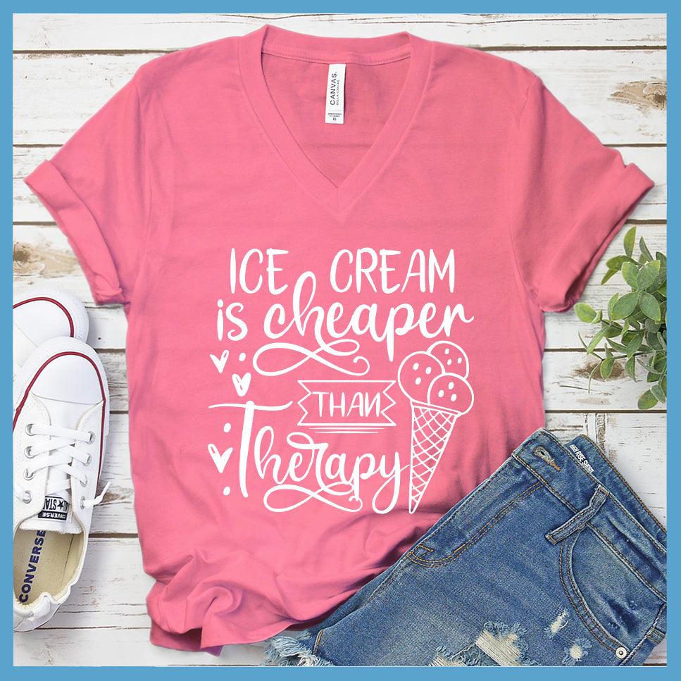 Ice Cream Is Cheaper Than Therapy V-neck Neon Pink - Fashionable V-neck t-shirt with 'Ice Cream Is Cheaper Than Therapy' design.