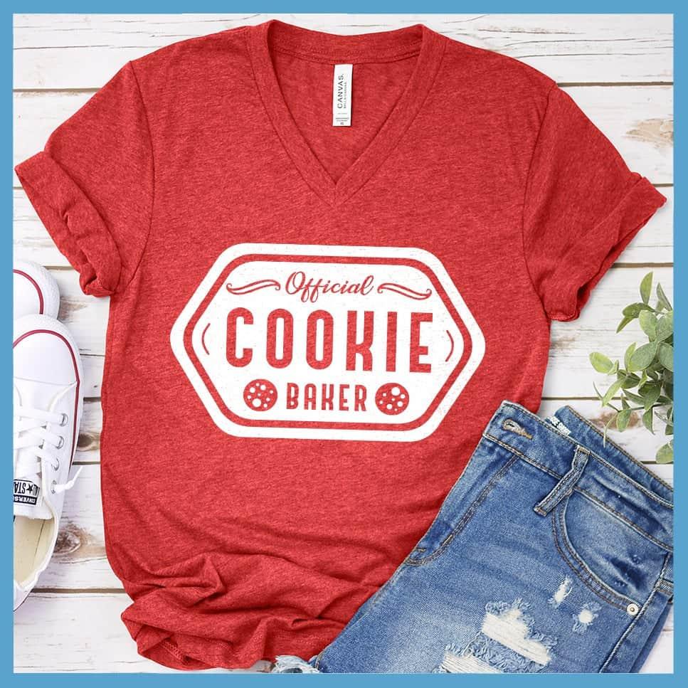 Official Cookie Baker V-Neck Heather Red - Official Cookie Baker themed V-neck T-shirt with playful typography design