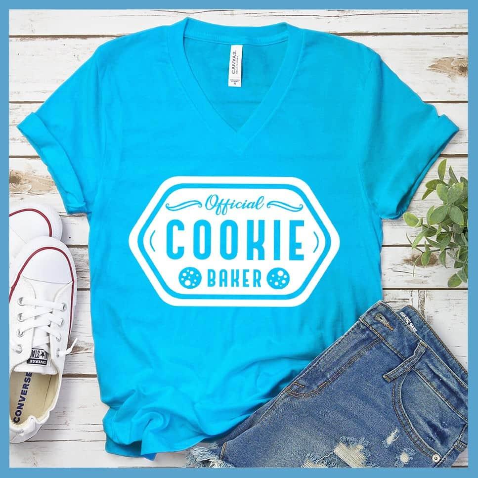 Official Cookie Baker V-Neck Neon Blue - Official Cookie Baker themed V-neck T-shirt with playful typography design