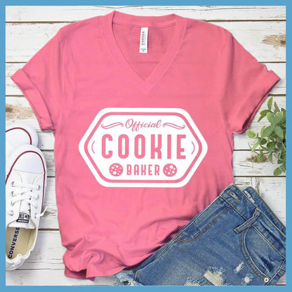 Official Cookie Baker V-Neck Neon Pink - Official Cookie Baker themed V-neck T-shirt with playful typography design