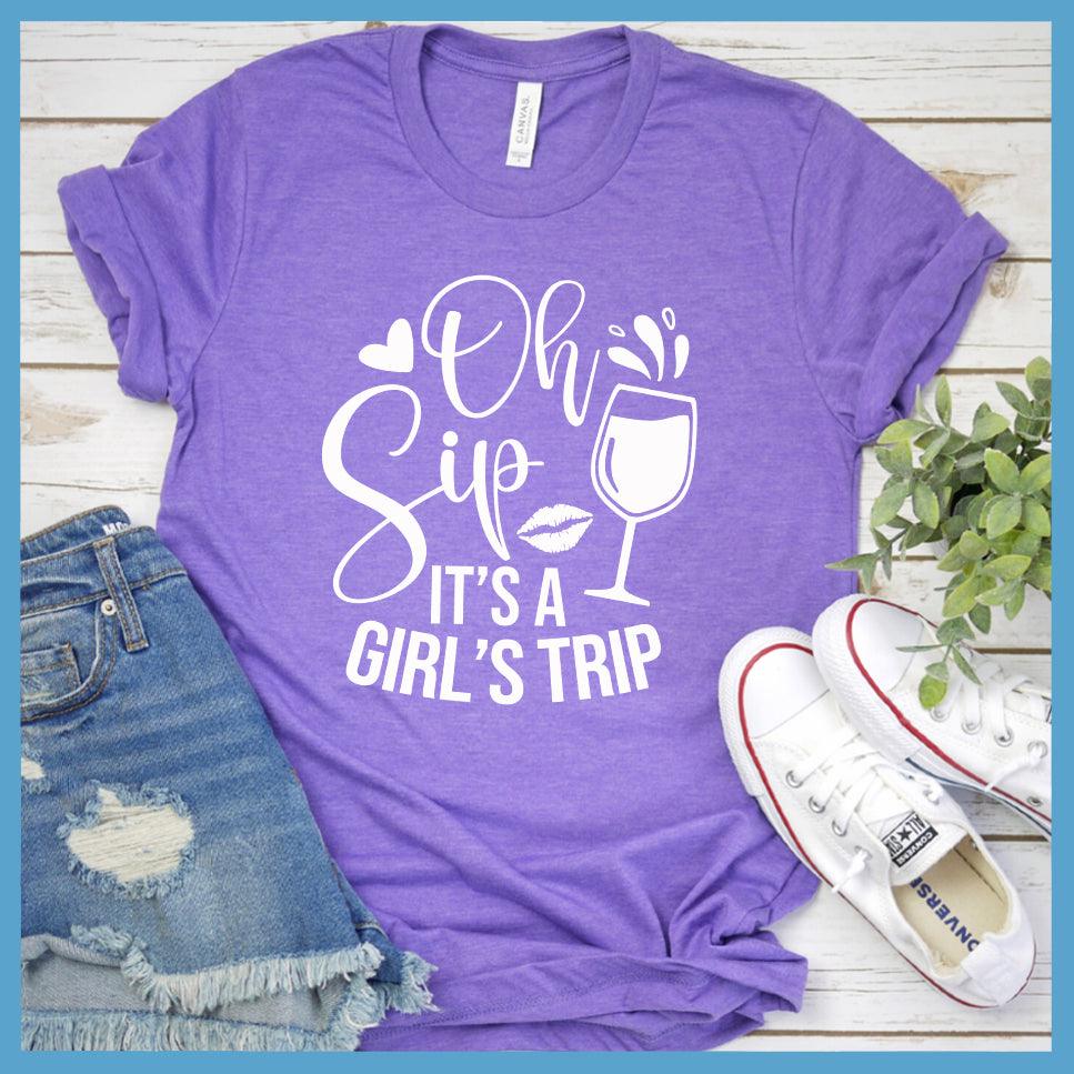 Oh Sip It's A Girl's Trip T-Shirt Heather Purple - Friendly 'Oh Sip It's A Girl's Trip' T-Shirt for group travel and outings