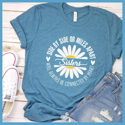 Side By Side Sisters With Daisy Colored Print T-Shirt