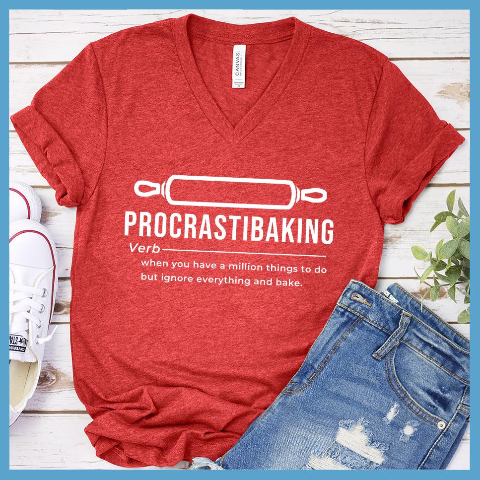 Procrastibaking V-Neck Heather Red - Humorous Procrastibaking V-Neck T-Shirt for baking enthusiasts.