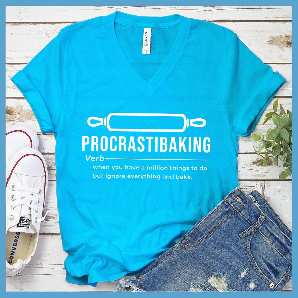 Procrastibaking V-Neck Neon Blue - Humorous Procrastibaking V-Neck T-Shirt for baking enthusiasts.