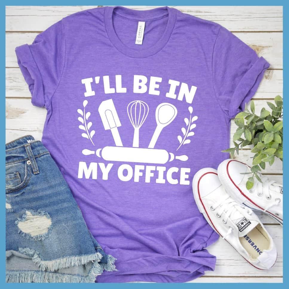 I'll Be In My Office - Baking T-Shirt Heather Purple - Graphic t-shirt with 'I'll Be In My Office - Baking' text and kitchen utensils design.