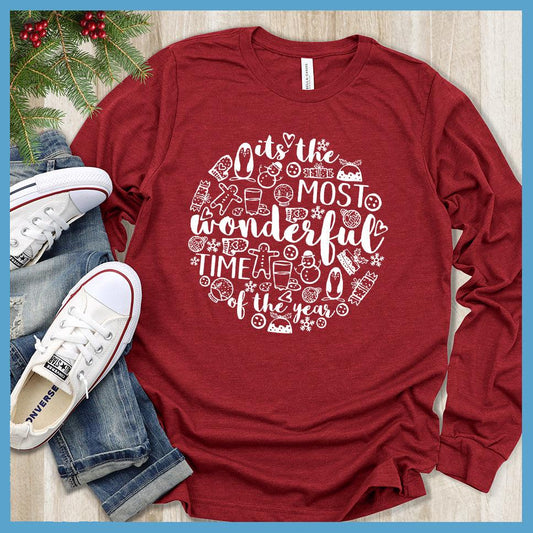 Most Wonderful Time Of The Year Long Sleeves Red - Festive holiday-themed long sleeve tee with cheerful graphics celebrating the season.
