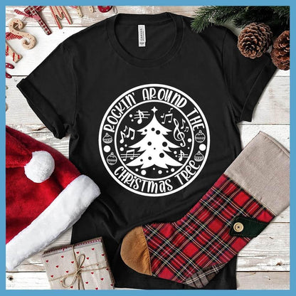 Rockin' Around The Christmas Tree T-Shirt Black - Christmas tree and festive design on trendy unisex holiday t-shirt