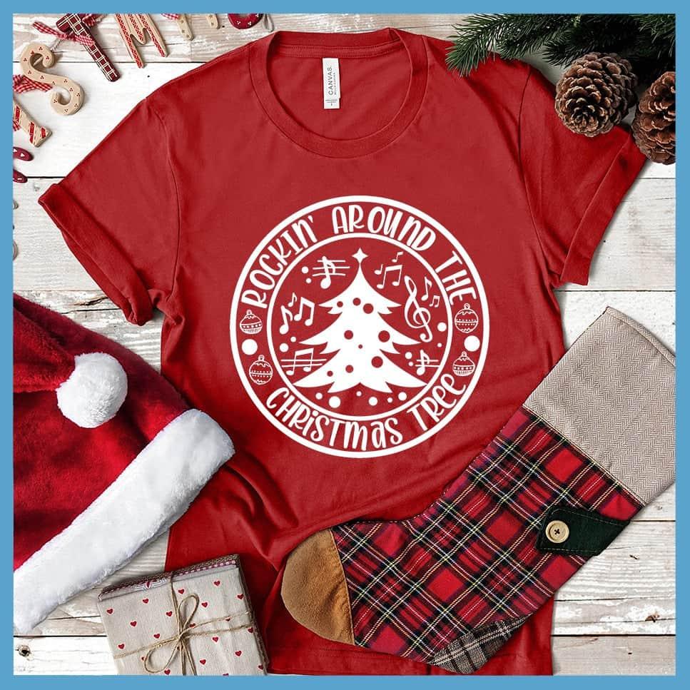 Rockin' Around The Christmas Tree T-Shirt Canvas Red - Christmas tree and festive design on trendy unisex holiday t-shirt
