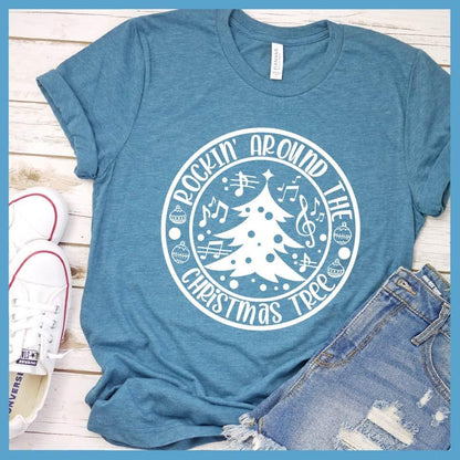 Rockin' Around The Christmas Tree T-Shirt Heather Deep Teal - Christmas tree and festive design on trendy unisex holiday t-shirt