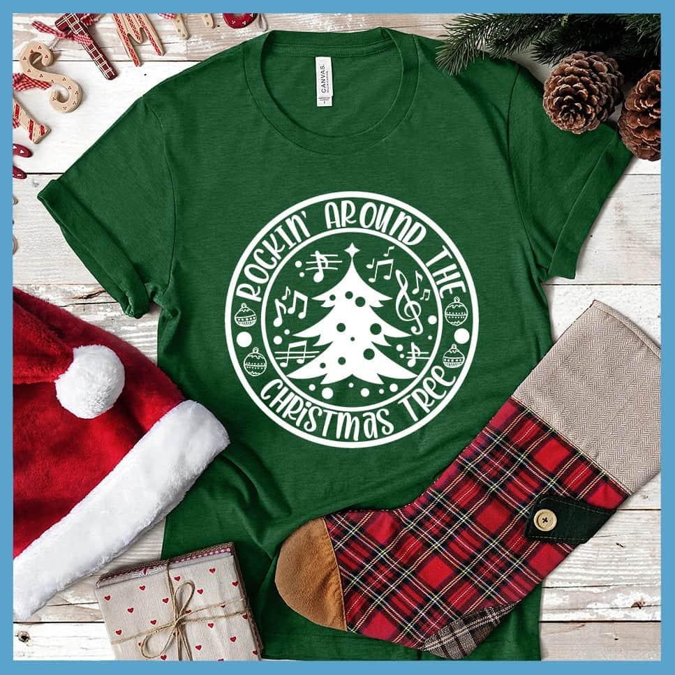 Rockin' Around The Christmas Tree T-Shirt Heather Grass Green - Christmas tree and festive design on trendy unisex holiday t-shirt