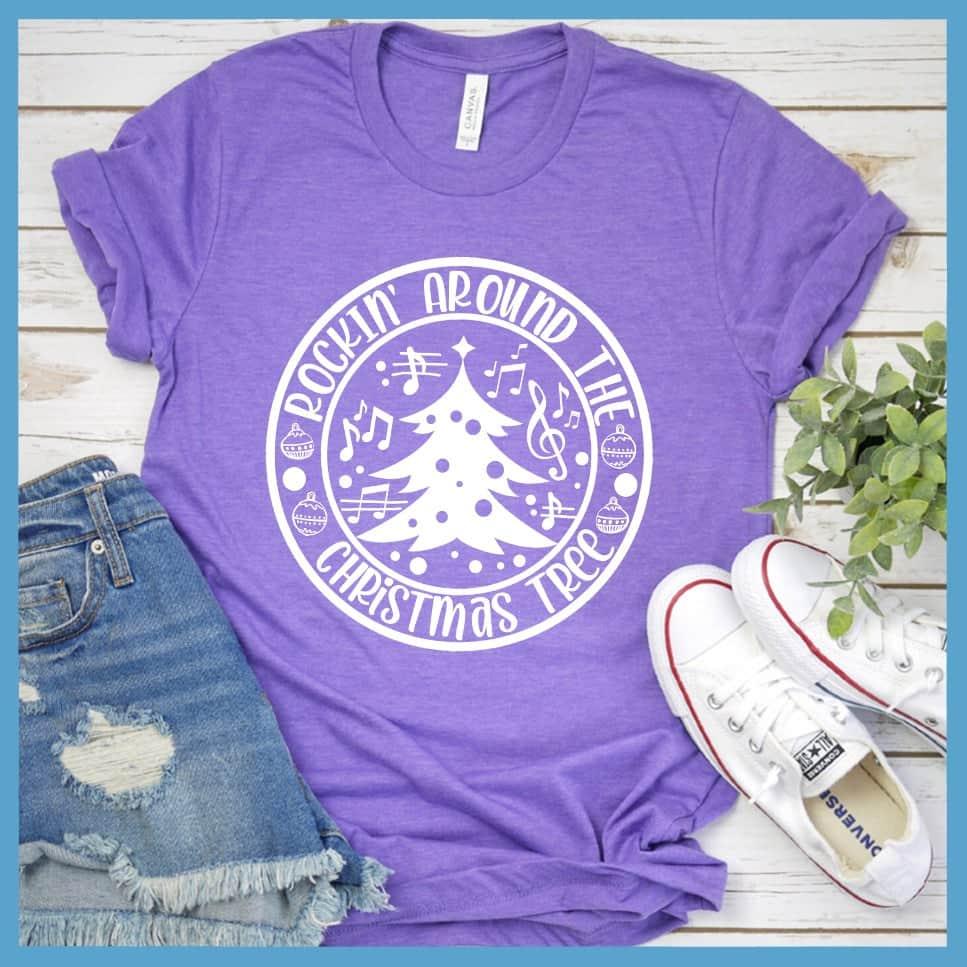 Rockin' Around The Christmas Tree T-Shirt Heather Purple - Christmas tree and festive design on trendy unisex holiday t-shirt