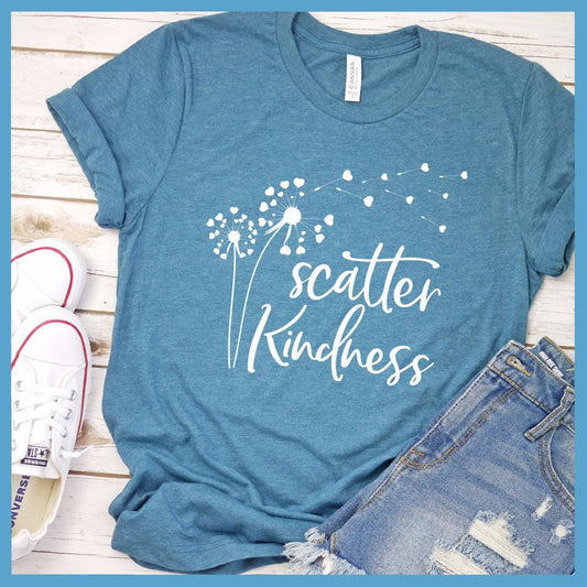 Scatter Kindness T-Shirt Heather Deep Teal - Inspirational Scatter Kindness T-Shirt with dandelion graphic design.