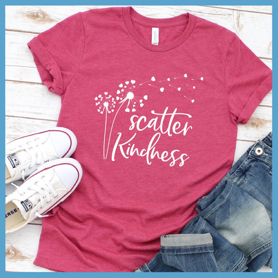 Scatter Kindness T-Shirt Heather Raspberry - Inspirational Scatter Kindness T-Shirt with dandelion graphic design.