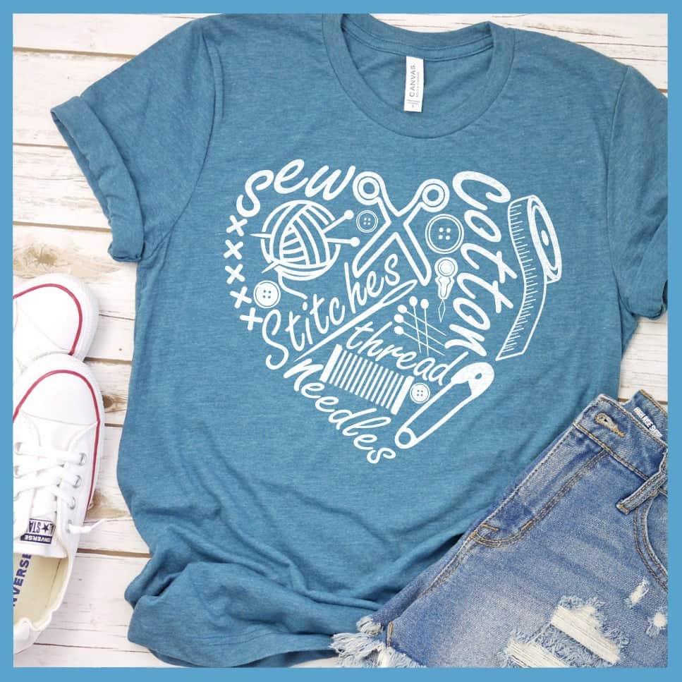 Sewing Heart T-Shirt Heather Deep Teal - Craft-inspired Sewing Heart T-shirt with playful design for stylish artisans.